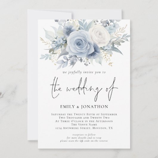 Invitation Florals 3 Photos QR Code Dusty Blue Mariage (Devant)