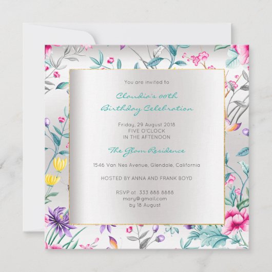 Invitation Florals Argent Papillon Printemps Chinoiserie Gris (Devant)