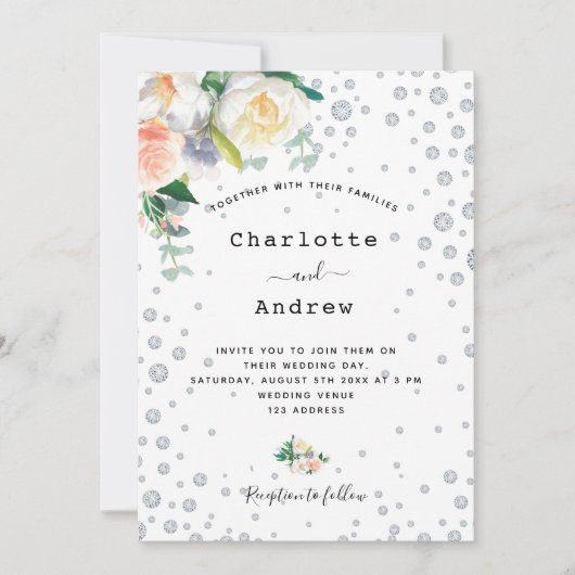 Invitation Florals blanc rose or glamour mariage (Devant)