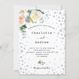 Invitation Florals blanc rose or glamour mariage