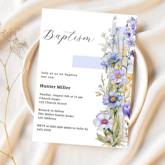 Invitation Florals bleu croix garçon Baptême