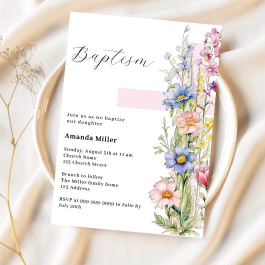 Invitation Florals croix rose fille Baptême
