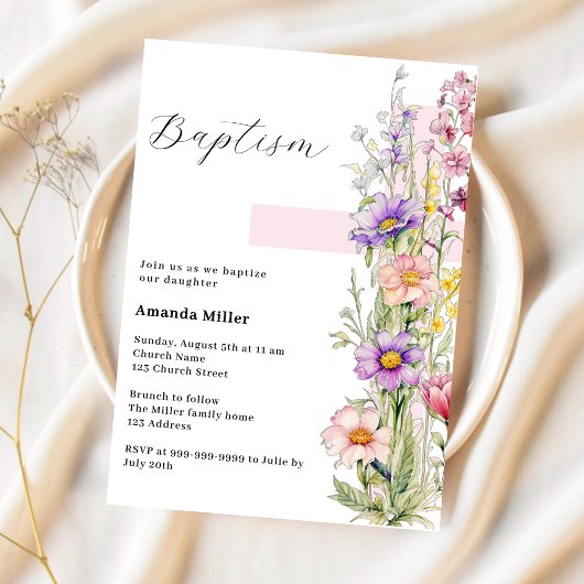 Invitation Florals croix rose fille Baptême