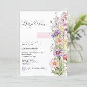 Invitation Florals croix rose fille Baptême (Debout devant)