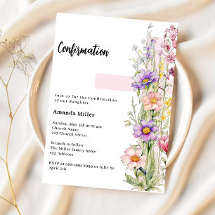 Invitation Florals croix rose fille Confirmation