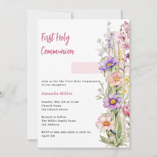 Invitation Florals croix rose fille Première communion (Devant)