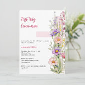 Invitation Florals croix rose fille Première communion (Debout devant)