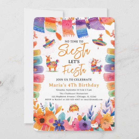 Invitation Florals Mexicain, Pas le temps de Siesta Anniversa (Devant)