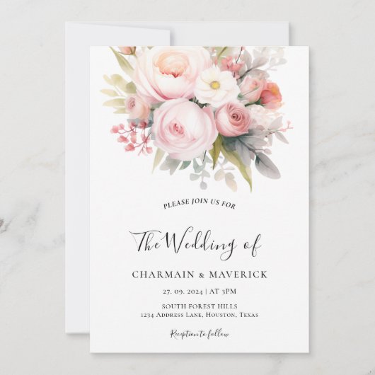 Invitation Florals Pink Photo Overlay QR Code Mariage (Devant)