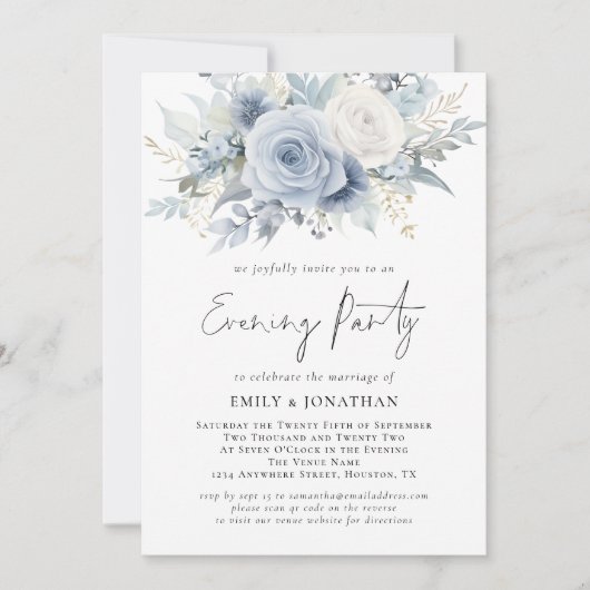 Invitation Florals QR Code Dusty Blue Mariage soirée (Devant)