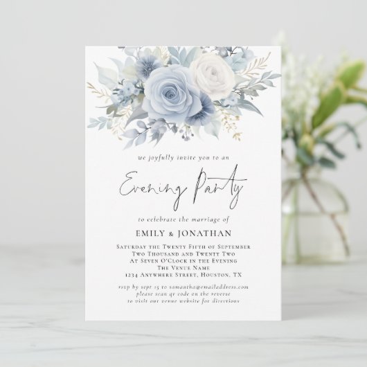 Invitation Florals QR Code Dusty Blue Mariage soirée (Debout devant)