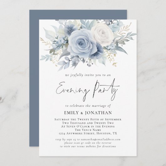 Invitation Florals QR Code Dusty Blue Mariage soirée (Devant / Derrière)