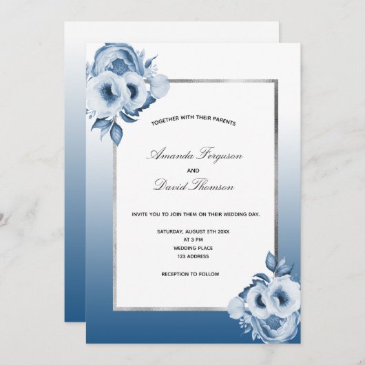 Invitation Floraux bleu argent à l'eau mariage (Devant / Derrière)