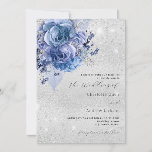 Invitation Floraux bleu argent QR RSVP détails mariage de lux (Devant)