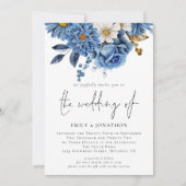 Invitation Floraux bleu marine moderne 3 Photos Mariage (Devant)