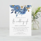 Invitation Floraux bleu marine moderne 3 Photos Mariage (Debout devant)