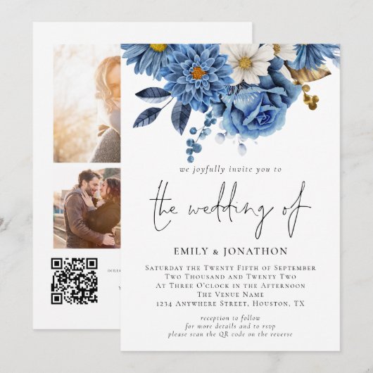Invitation Floraux bleu marine moderne 3 Photos Mariage (Devant / Derrière)