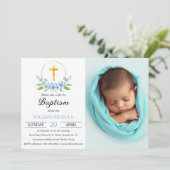 Invitation Floraux bleus et croix d'or garçon baptême photo (Debout devant)