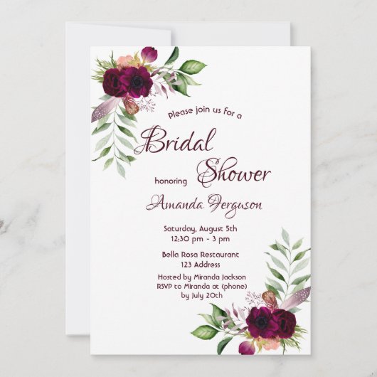 Invitation Floraux Bourgogne or verdure boho douche nuptiale (Devant)