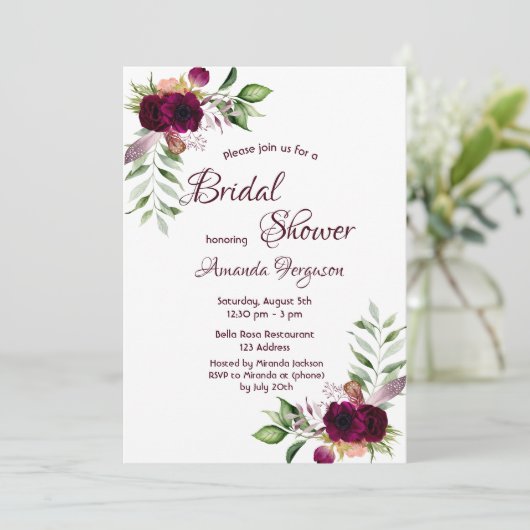 Invitation Floraux Bourgogne or verdure boho douche nuptiale (Debout devant)