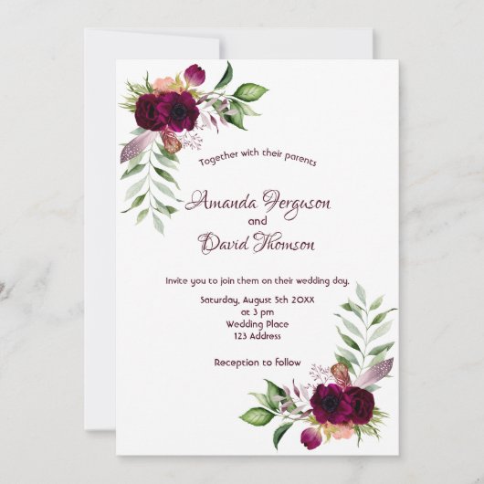 Invitation Floraux Bourgogne or vert boho mariage (Devant)