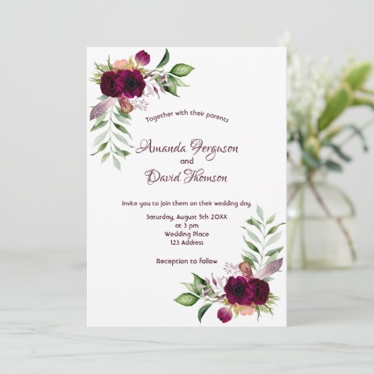 Invitation Floraux Bourgogne or vert boho mariage (Debout devant)
