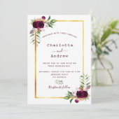 Invitation Floraux Bourgogne or vert boho mariage (Debout devant)