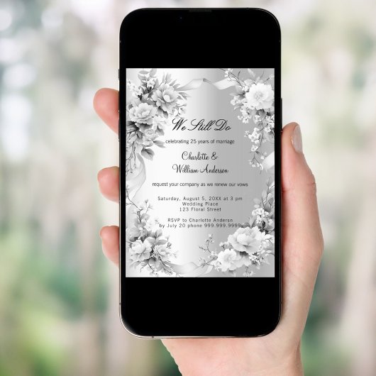 Invitation Floraux d'argent Renouvellement du voeu mariage