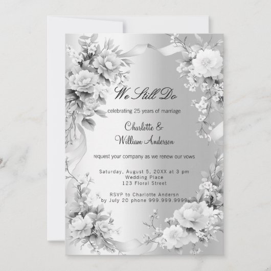 Invitation Floraux d'argent Renouvellement du voeu mariage (Devant)