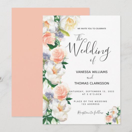Invitation Floraux de couleur eau blanc mariage de script de  (Devant / Derrière)