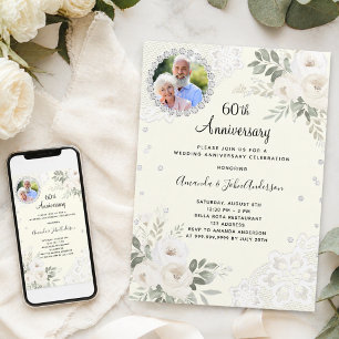 Invitation Floraux de diamants d'ivoire 60e anniversaire mari