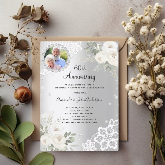 Invitation Floraux de diamants en argent 60e anniversaire mar