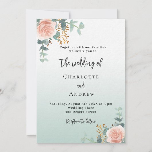 Invitation floraux d'or rose mariage de luxe vert (Devant)