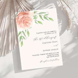 Invitation Floraux d'or rose verdure beige mariage