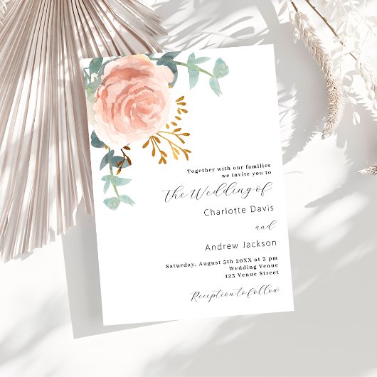 Invitation Floraux d'or rose verdure luxe mariage