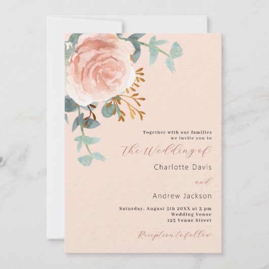 Invitation Floraux d'or rose verdure pêche luxe mariage (Devant)