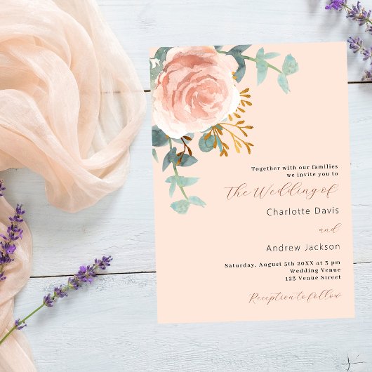 Invitation Floraux d'or rose verdure pêche luxe mariage