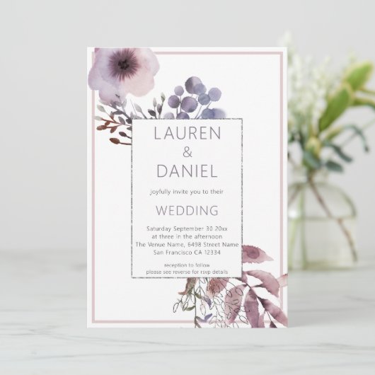 Invitation Floraux Feuille violet Mariage de code QR (Debout devant)