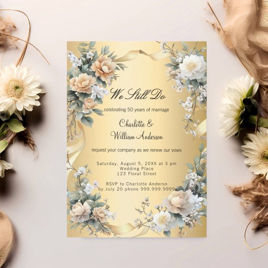Invitation Floraux jaune or Renouvellement du voeu mariage