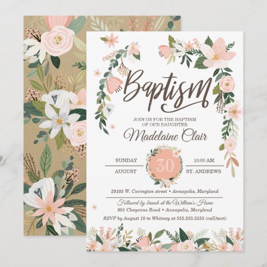 Invitation Floraux lunatiques rougissent baptême rose et (Devant / Derrière)