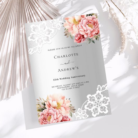 Invitation Floraux rose argent 25e anniversaire mariage