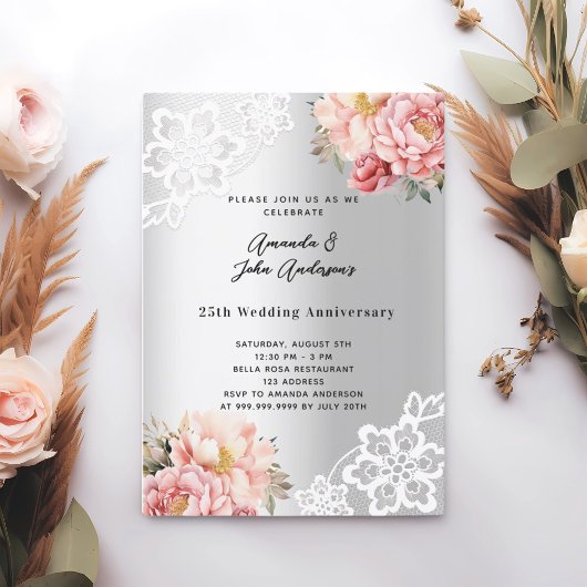 Invitation Floraux rose argent 25e anniversaire mariage
