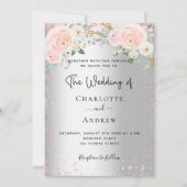 Invitation Floraux rose argent mariage parties scintillant lu (Devant)