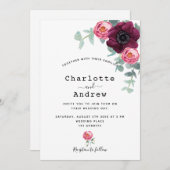 Invitation Floraux rose Bourgogne verdure mariage élégant mar (Devant / Derrière)