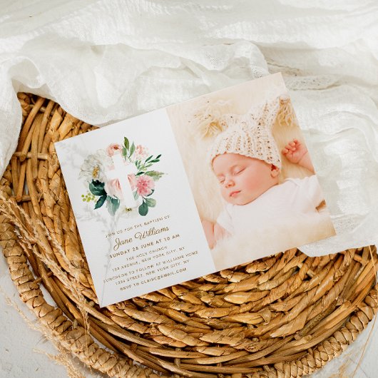 Invitation floraux rose et blanc broussailles Photo baptême