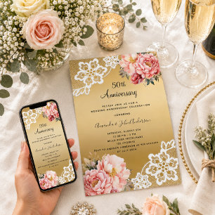 Invitation Floraux rose or 50e anniversaire de mariage