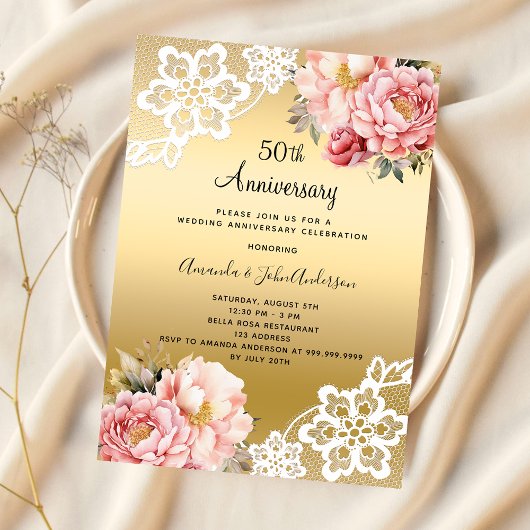 Invitation Floraux rose or 50e anniversaire de mariage