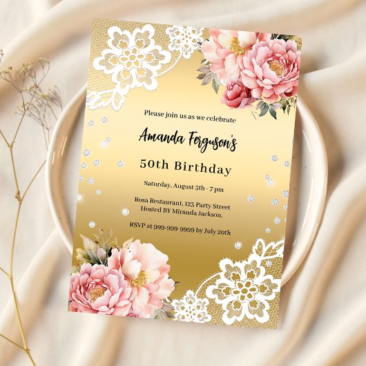 Invitation Floraux rose or luxe 50e anniversaire