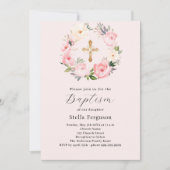 Invitation Floraux rose rousse couronne croix fille baptême (Devant)