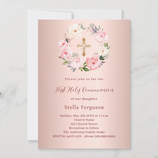 Invitation Floraux rose rousse or rose traversant la première (Devant)